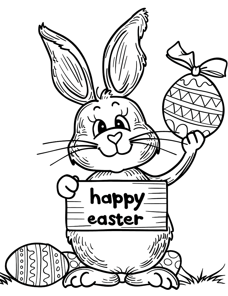 Happy Easter Greeting Bunny Coloring Page - A happy bunny holding a sign that reads “Happy Easter” with Easter eggs around and on its hand.