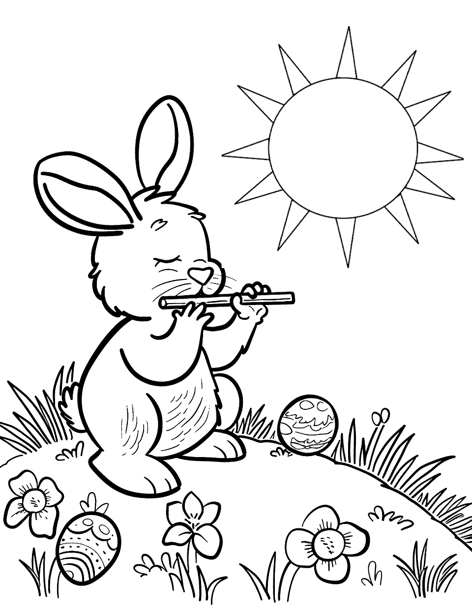 Sunset Serenade Easter Bunny Coloring Page - A bunny sitting on a hill, playing a flute as the sun sets, with Easter eggs placed around like an audience.