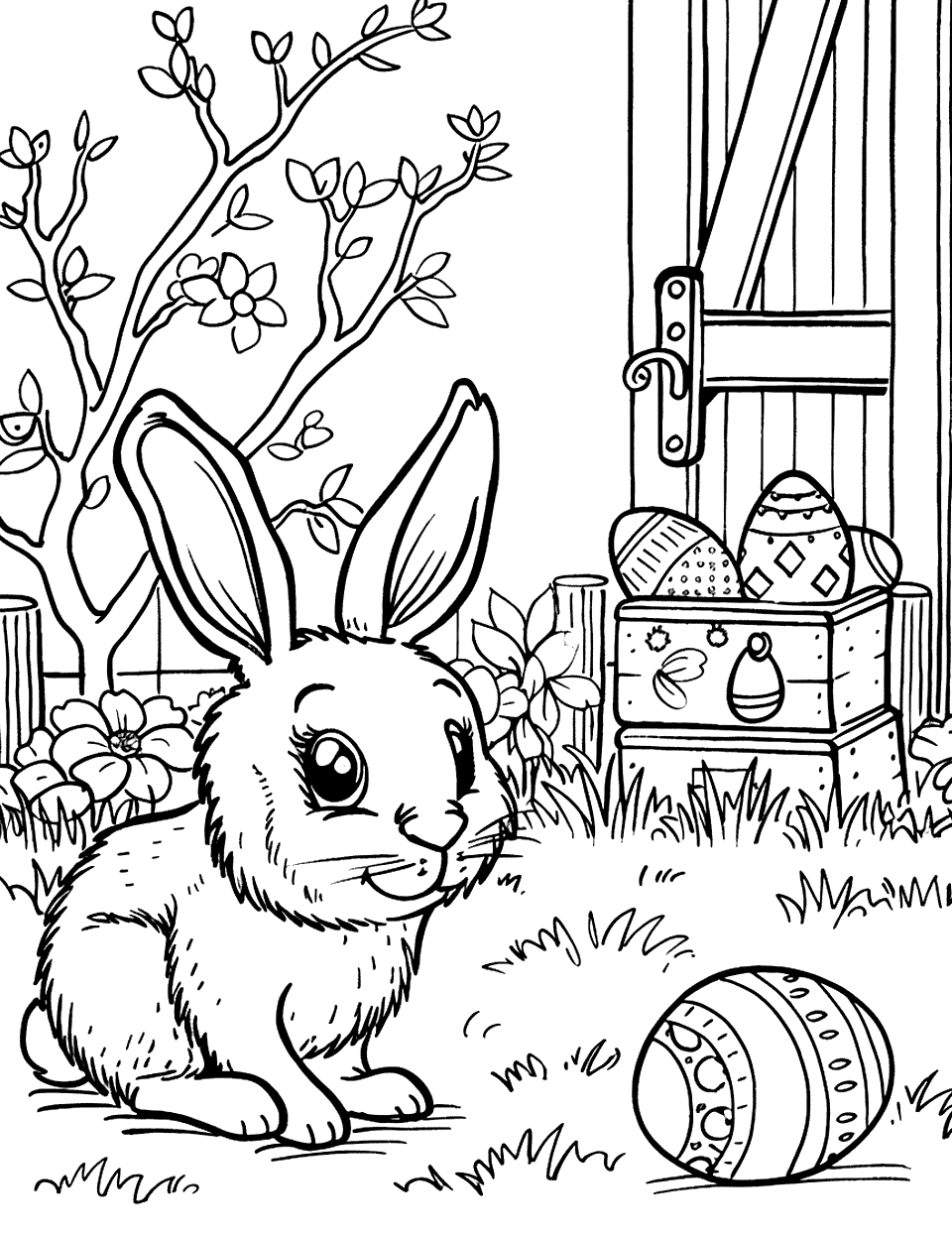 Egg Hunt Adventure Easter Bunny Coloring Page - A scene where a bunny is searching for Easter eggs hidden in a simple backyard setting.