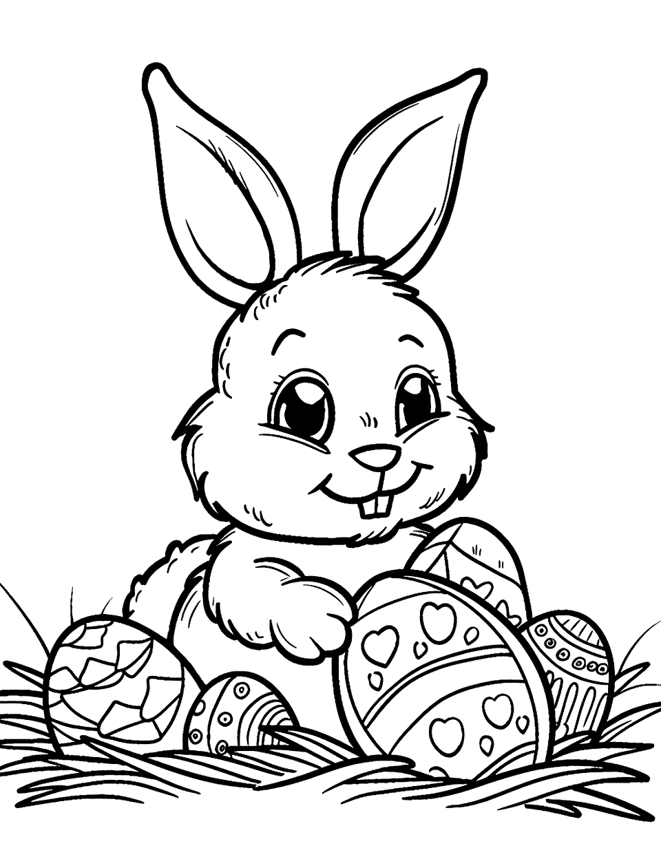 Baby Bunny's First Easter Bunny Coloring Page - A small, baby bunny surrounded by a few Easter eggs, looking curious and playful.