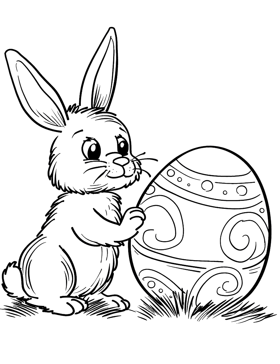 Bunny and the Big Egg Easter Coloring Page - A bunny looking at a giant Easter egg, almost the same size as the bunny, with wonder in its eyes.