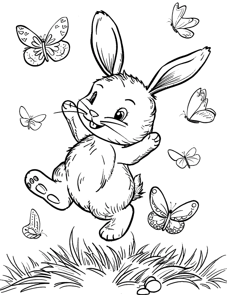 Springtime Fun Easter Bunny Coloring Page - A bunny joyfully jumping in a field with butterflies fluttering around.