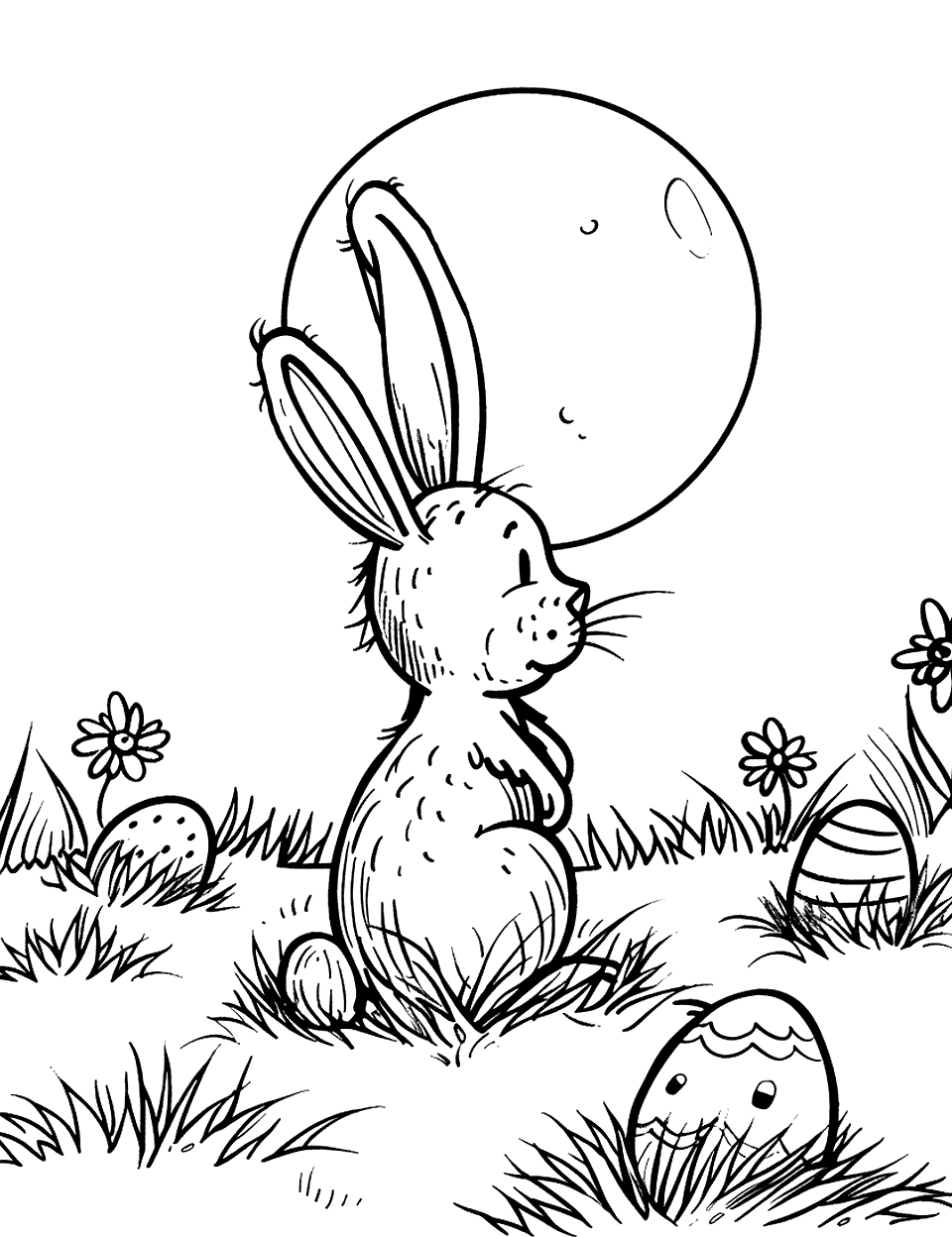 Moonlit Easter Egg Hunt Bunny Coloring Page - A scene depicting a bunny hunting for Easter eggs in the light of a full moon in a simple open field.