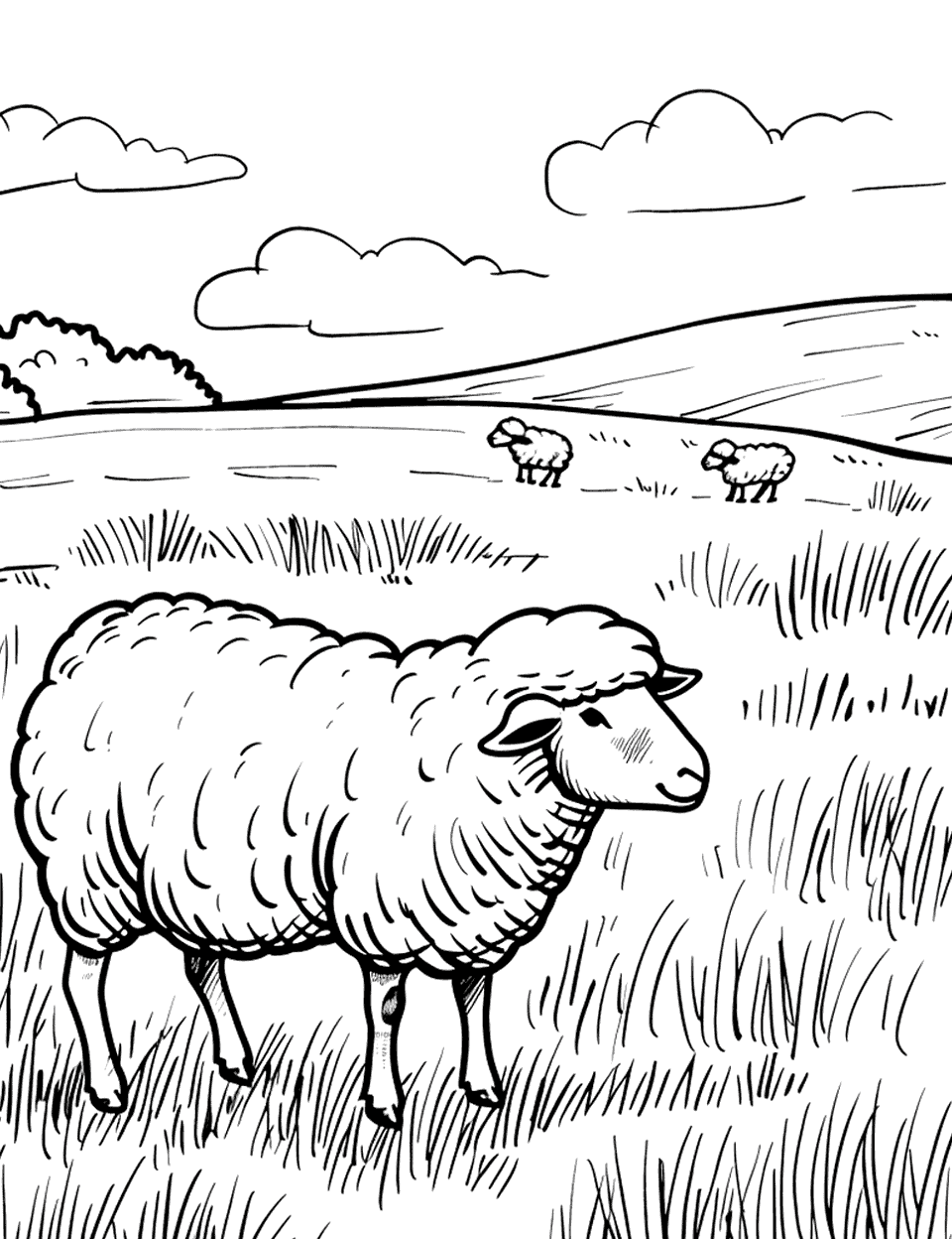Sheep Grazing with Herd Farm Animal Coloring Page - A peaceful scene of a sheep grazing in a field with the rest of the herd in the background.