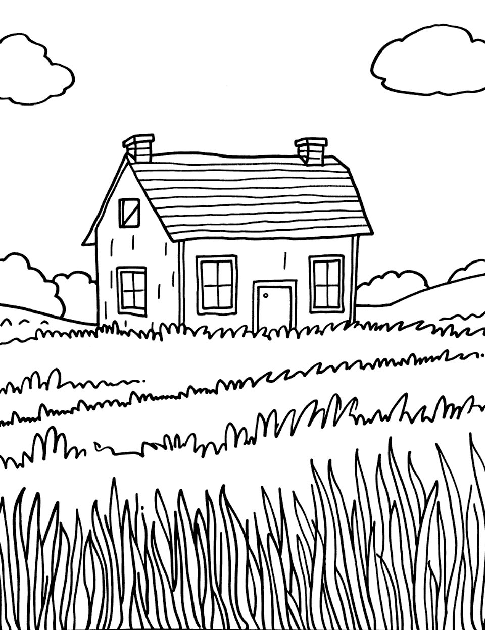 Farm House Surrounded by Fields Animal Coloring Page - A cozy farm house with a large field in the foreground, simple and welcoming.
