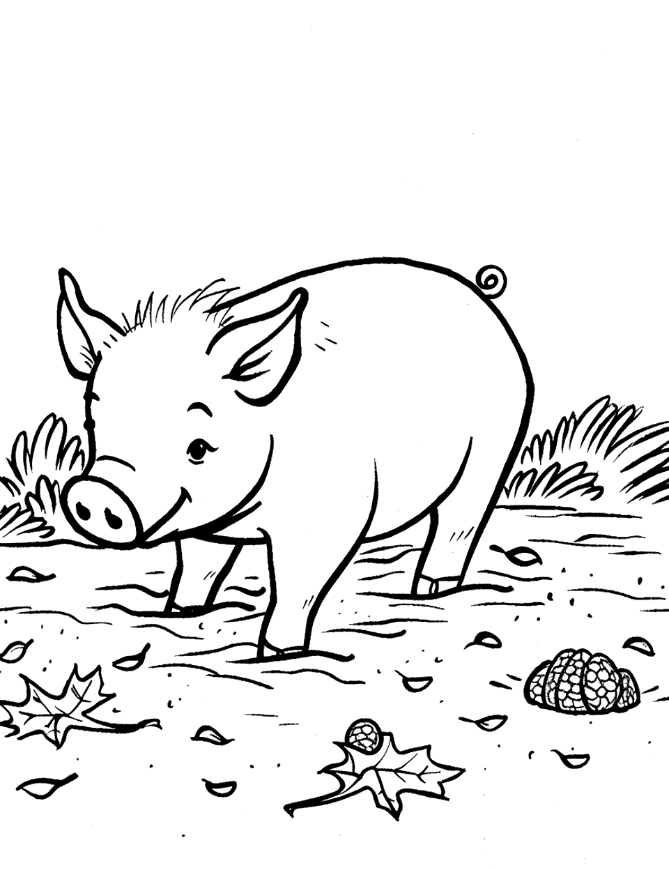 Pig Snouting for Truffles Farm Animal Coloring Page - A pig in the dirt, searching for truffles among a few fallen leaves.