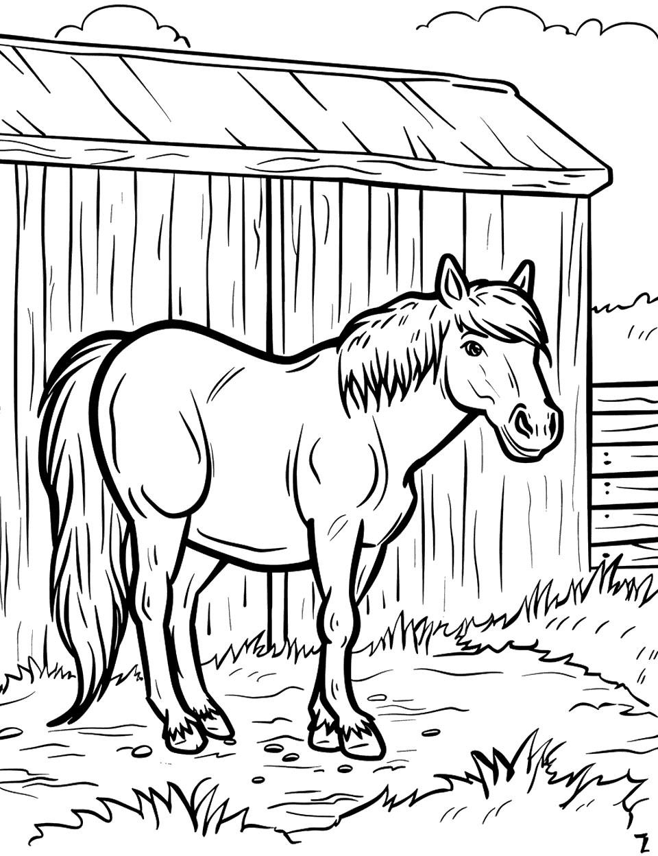 Horse Neighing Near a Barn Farm Animal Coloring Page - A horse standing near a barn, neighing loudly.