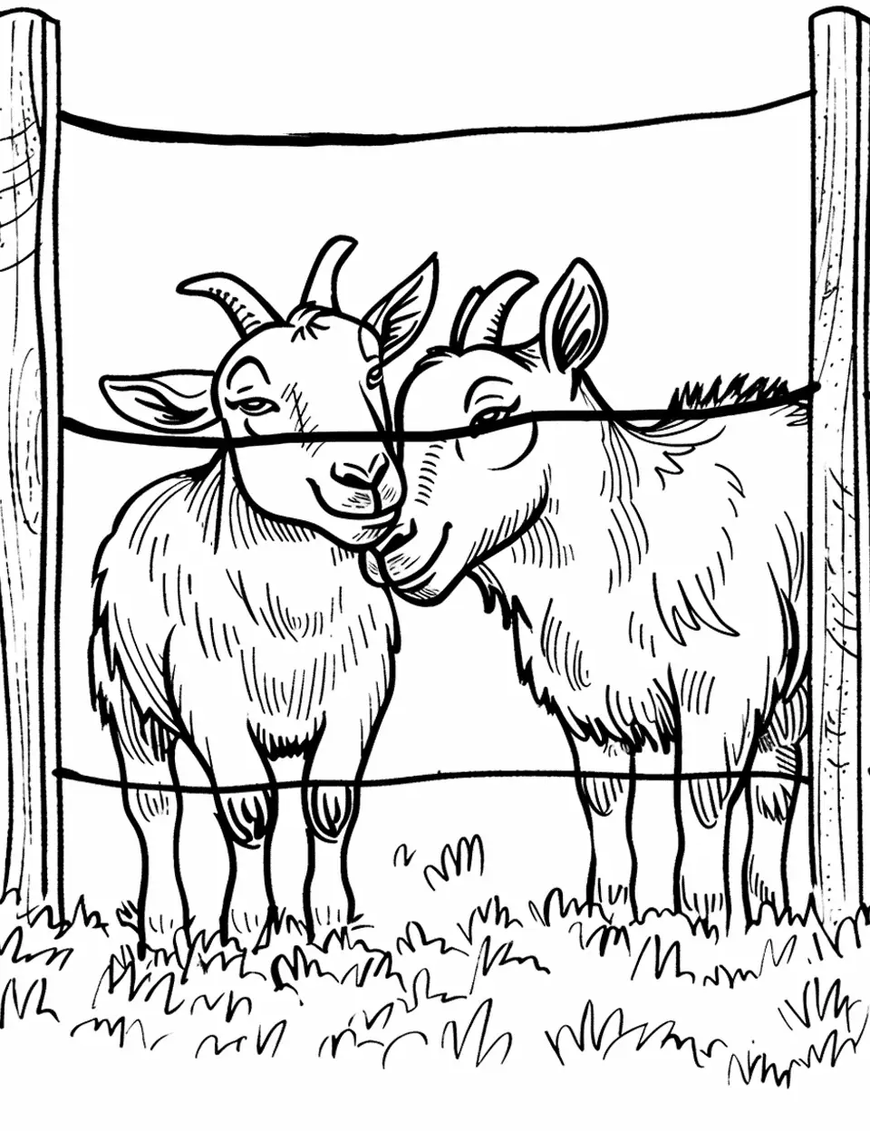 Goat Butting Heads Farm Animal Coloring Page - Two goats in a friendly head-butting moment in a fenced enclosure.