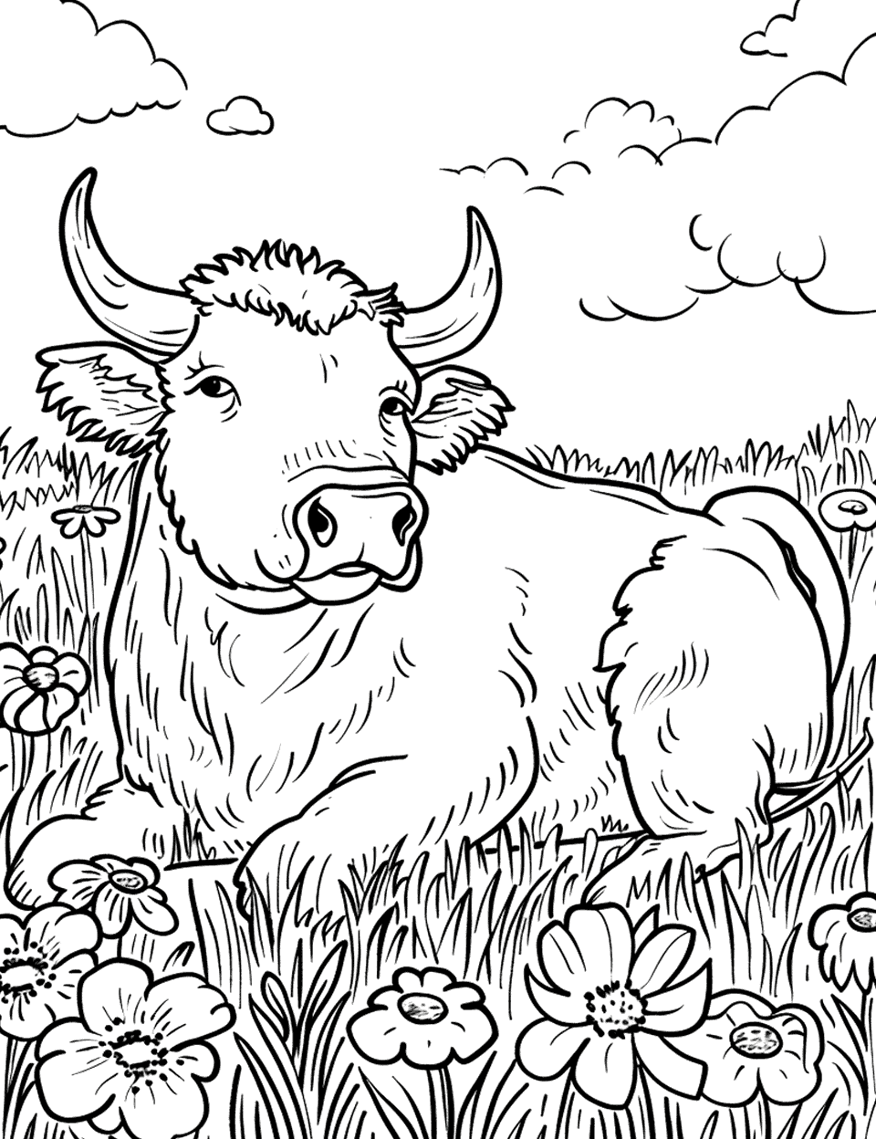 Bull Resting in a Meadow Farm Animal Coloring Page - A bull lying down in a meadow with wildflowers, looking relaxed.