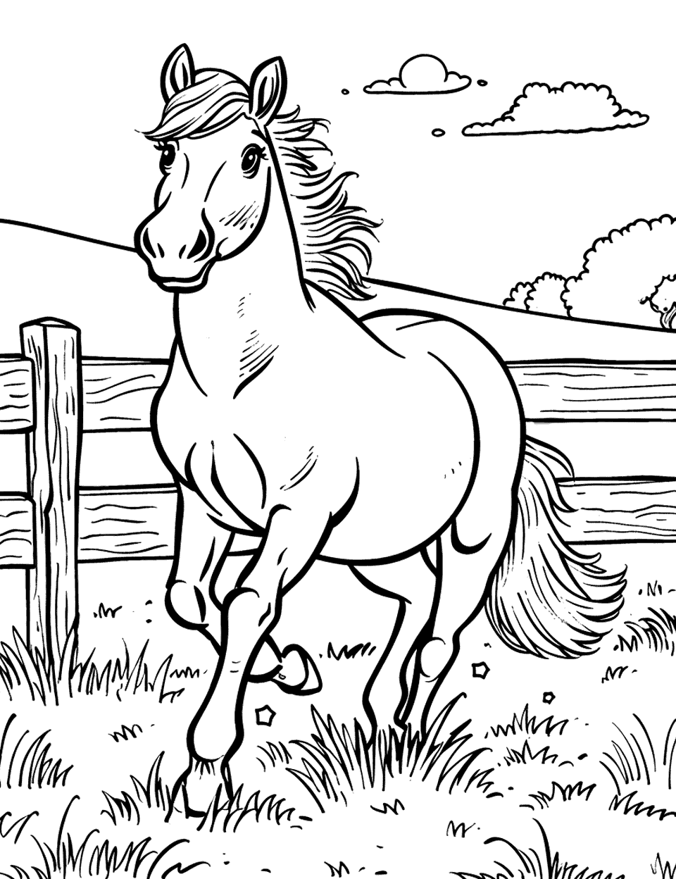 Horse Galloping by a Fence Farm Animal Coloring Page - A majestic horse galloping along a wooden fence line in a field.