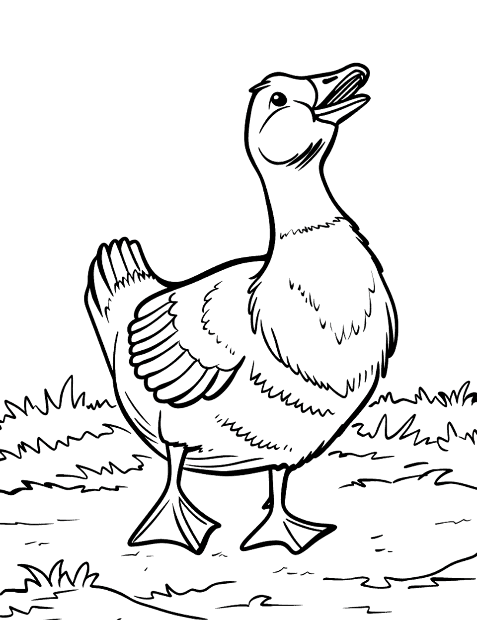 Goose Honking Loudly Farm Animal Coloring Page - A goose with its beak open, honking loudly to alert its flock.