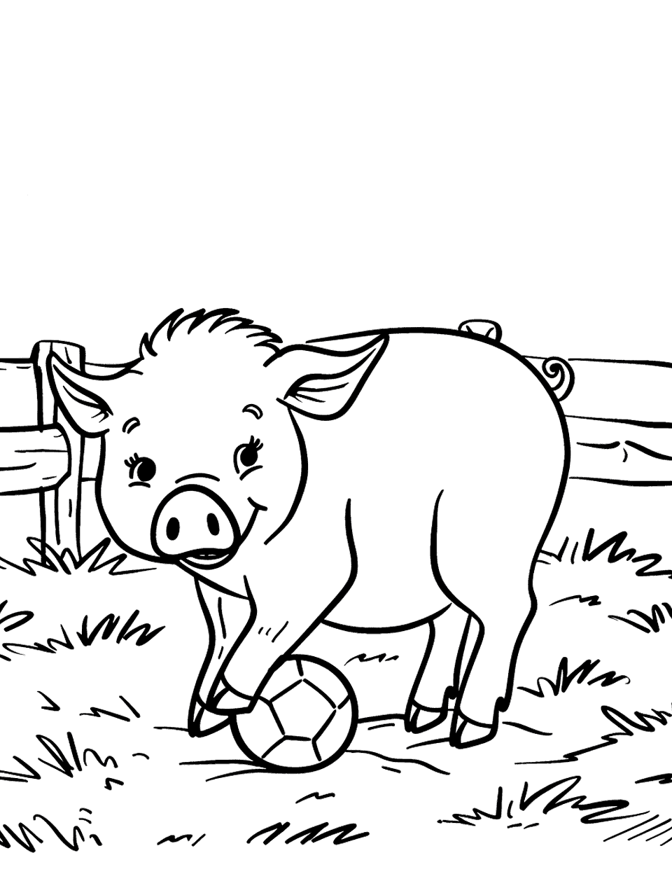 Piglet Playing with a Ball Farm Animal Coloring Page - A cute piglet playing with a small ball in the yard.