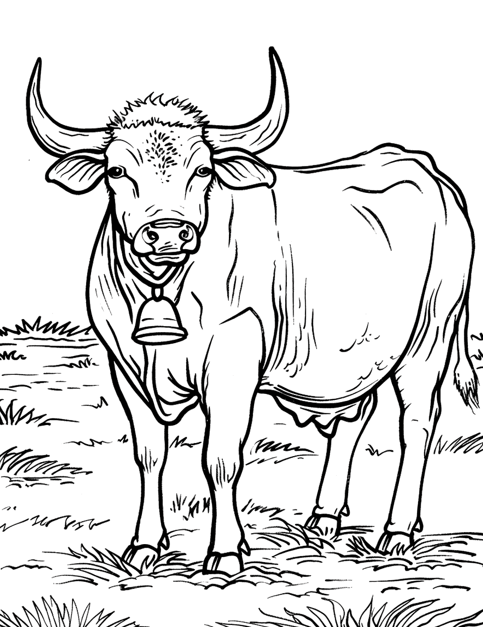 Bull with a Bell Around Its Neck Farm Animal Coloring Page - A proud bull with a large bell hanging from its neck, standing in a pasture.