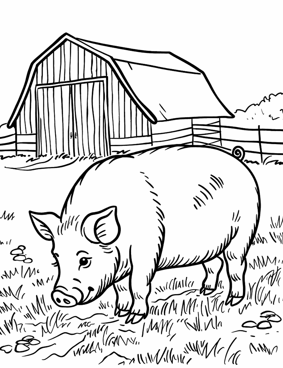 Pig Sniffing Around a Barn Farm Animal Coloring Page - A pig with its nose to the ground, sniffing around the outside of a barn.