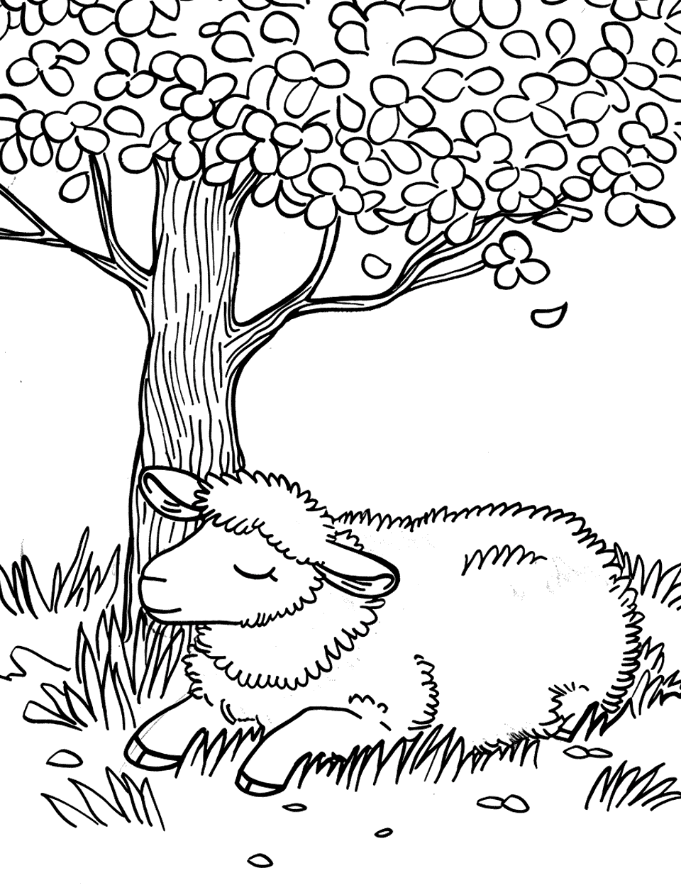 Sheep Resting Under a Tree Farm Animal Coloring Page - A fluffy sheep lying down under a leafy tree for shade.