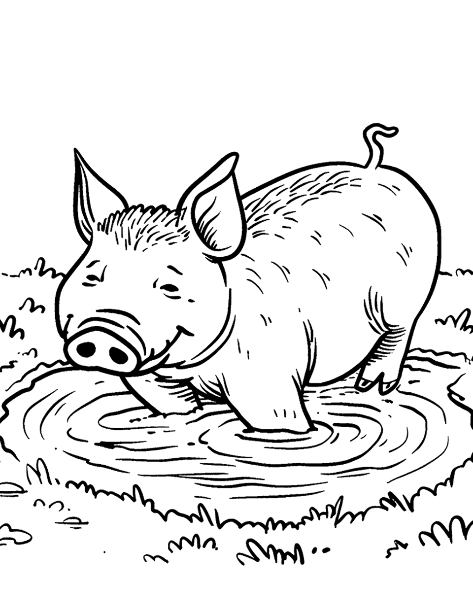 Pig Rolling in Mud Farm Animal Coloring Page - A happy pig rolling around in a big mud puddle with a satisfied expression.