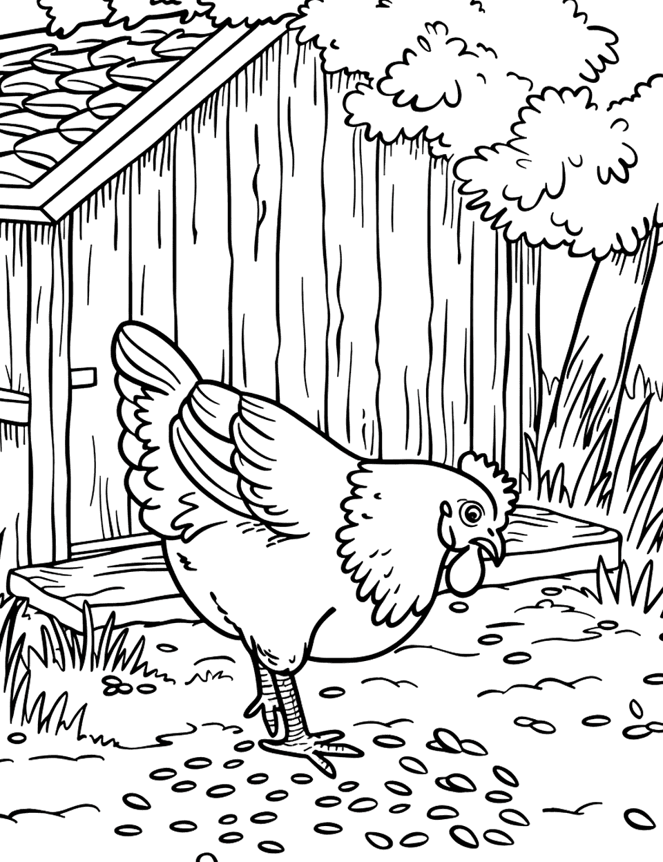 Chicken Pecking at the Ground Farm Animal Coloring Page - A chicken pecking at seeds scattered on the ground near a simple wooden coop.