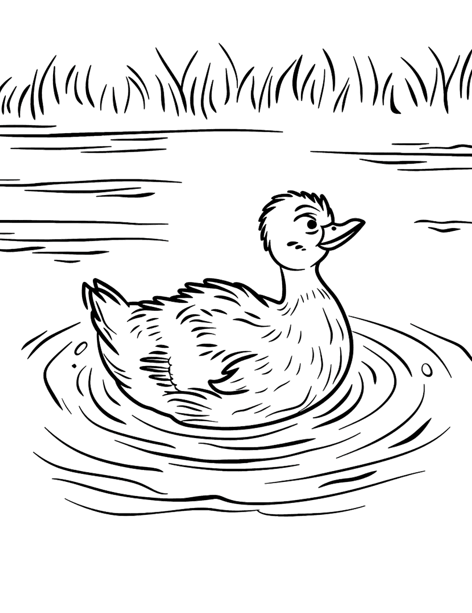 Duck Swimming in a Pond Farm Animal Coloring Page - A duck gliding across a pond with ripples trailing behind.