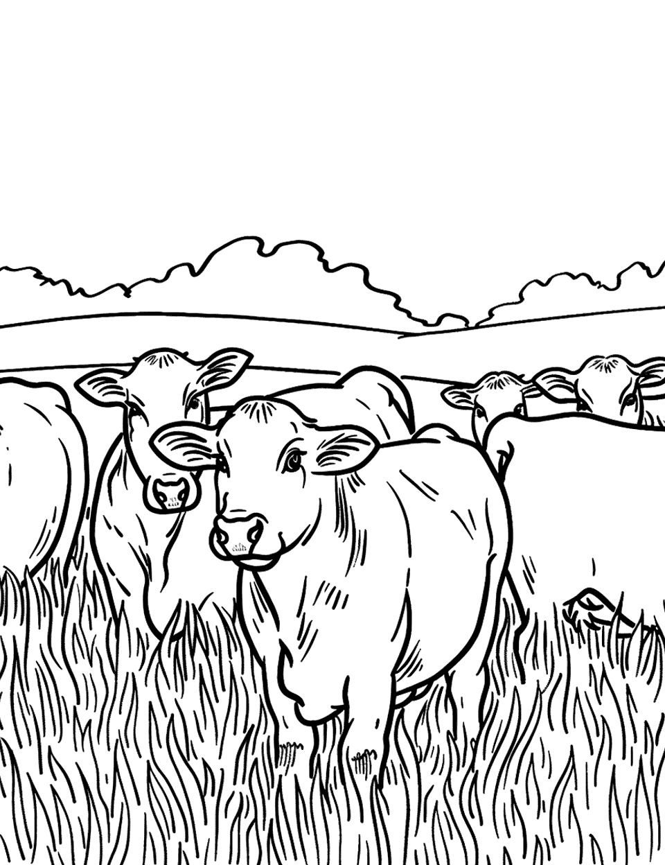 Cattle Standing Together Farm Animal Coloring Page - A group of cattle standing together in a field, showing the unity of the herd.