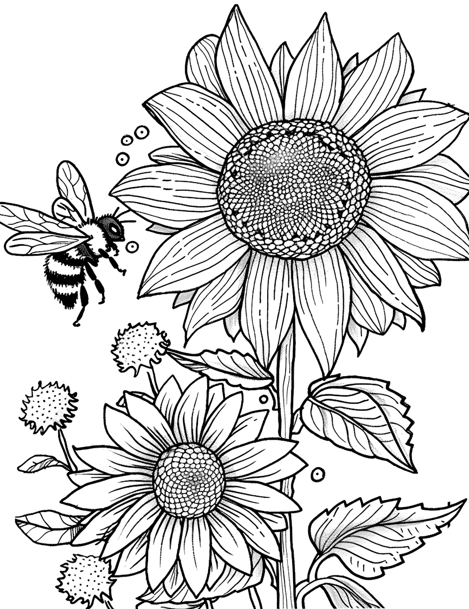Busy Bee on a Sunflower Garden Coloring Page - A bee collecting pollen from a vibrant sunflower in full bloom.