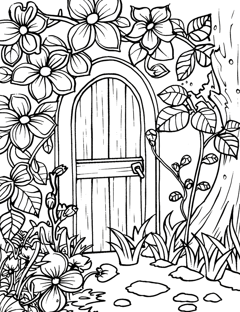 Hidden Door in a Secret Garden Coloring Page - An ornate, mysterious door partially hidden by thick ivy in a secret garden.