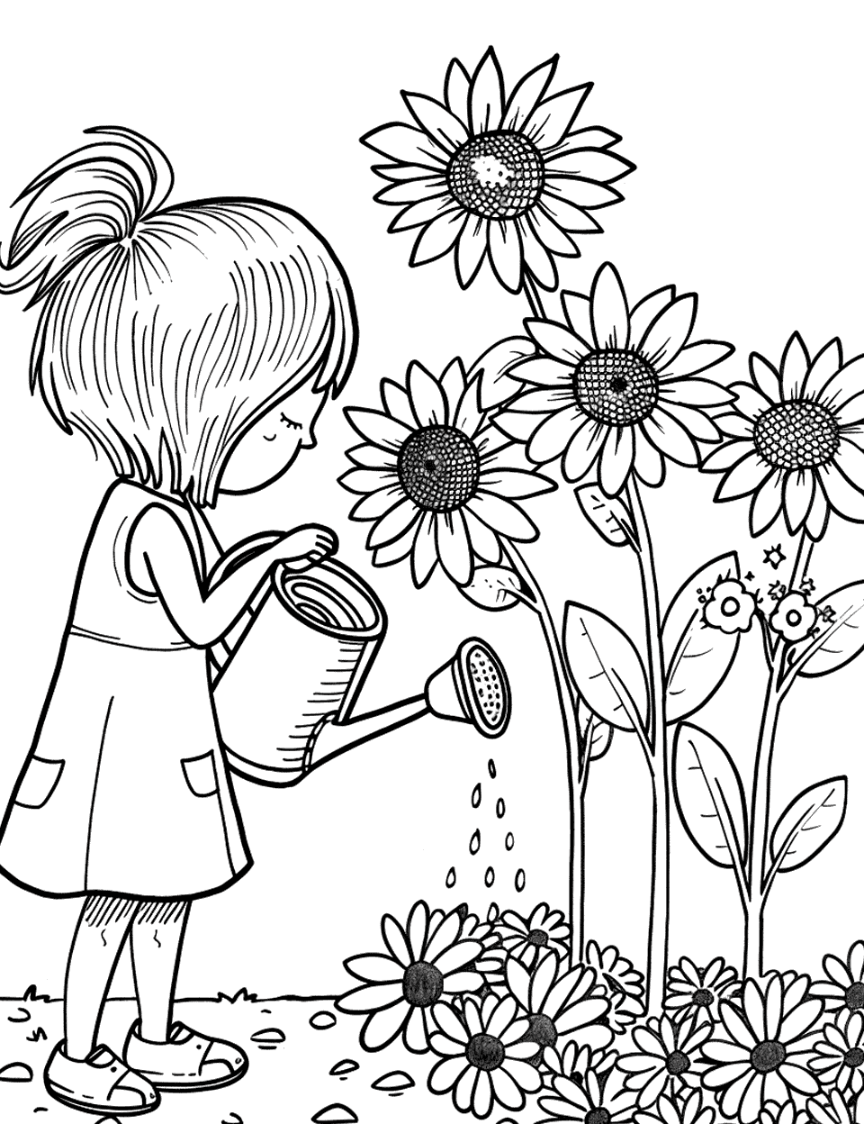 Watering the Garden Coloring Page - A child watering a row of cheerful sunflowers using a large watering can.