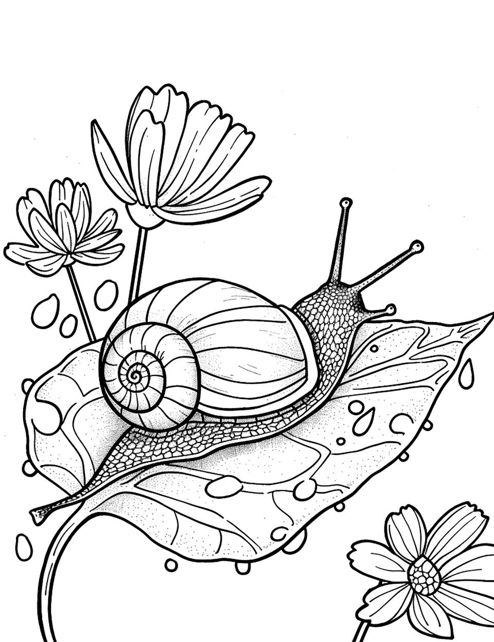 Snail Crawling on a Leaf Garden Coloring Page - A snail slowly making its way across a large, dew-covered leaf.