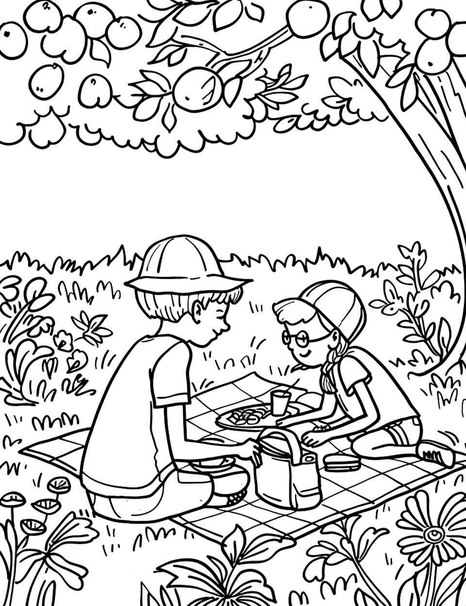 Garden Picnic Coloring Page - A family enjoying a picnic on a blanket in the middle of a large, sunny garden.