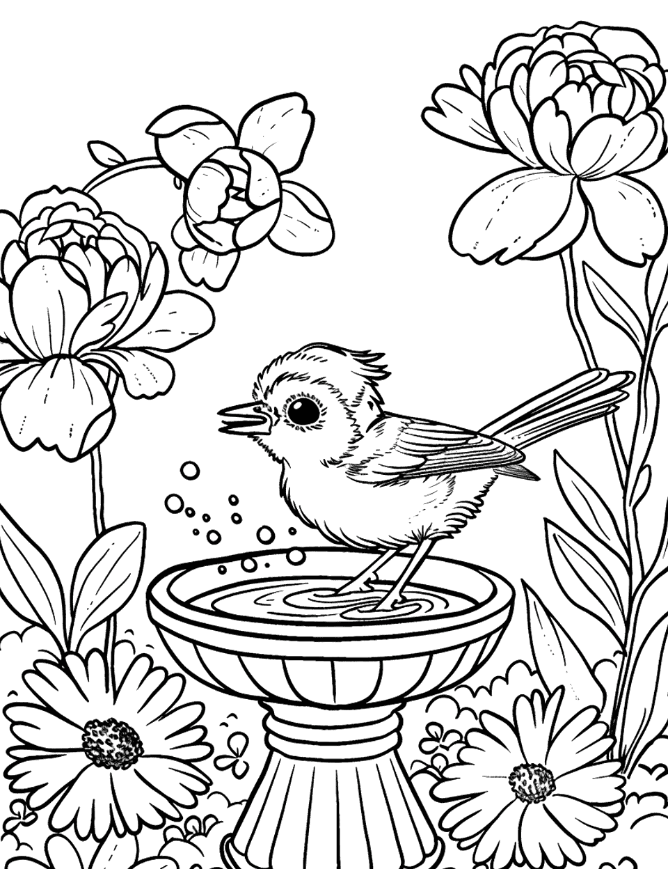 Bird Bath Gathering Garden Coloring Page - A single robin splashing in a bird bath surrounded by peonies and marigolds.