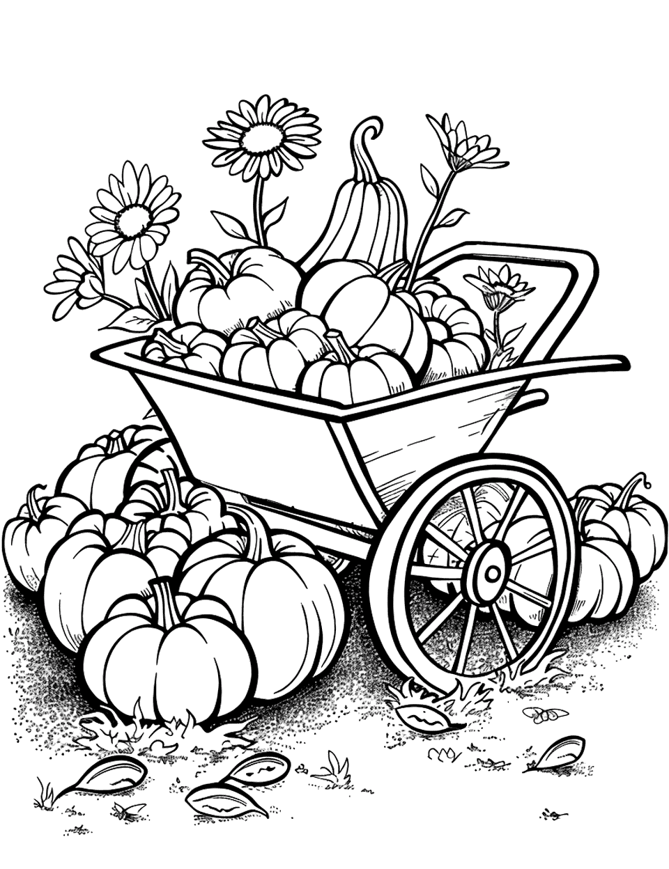Fall Harvest Garden Coloring Page - A wheelbarrow full of pumpkins and gourds in a garden during the autumn season.