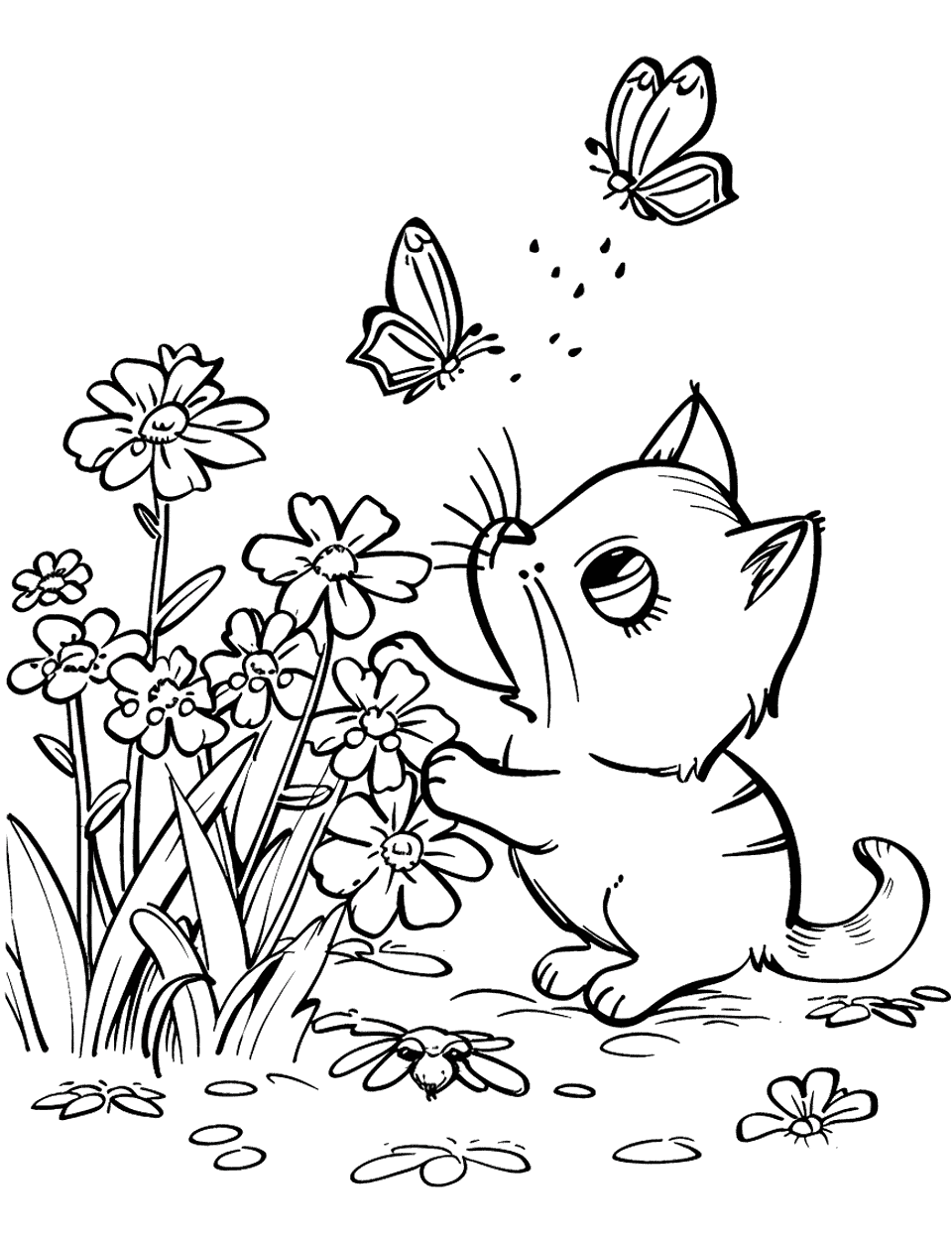 Kitten Chasing Butterflies Garden Coloring Page - A playful kitten trying to catch butterflies near a flower bed.