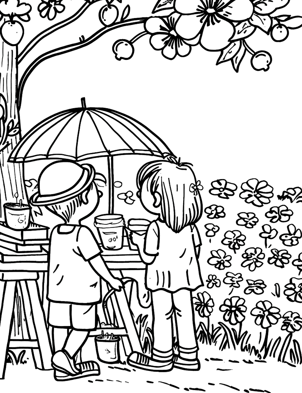 Summer Lemonade Stand Garden Coloring Page - Two kids running a lemonade stand in their front yard with a garden backdrop.