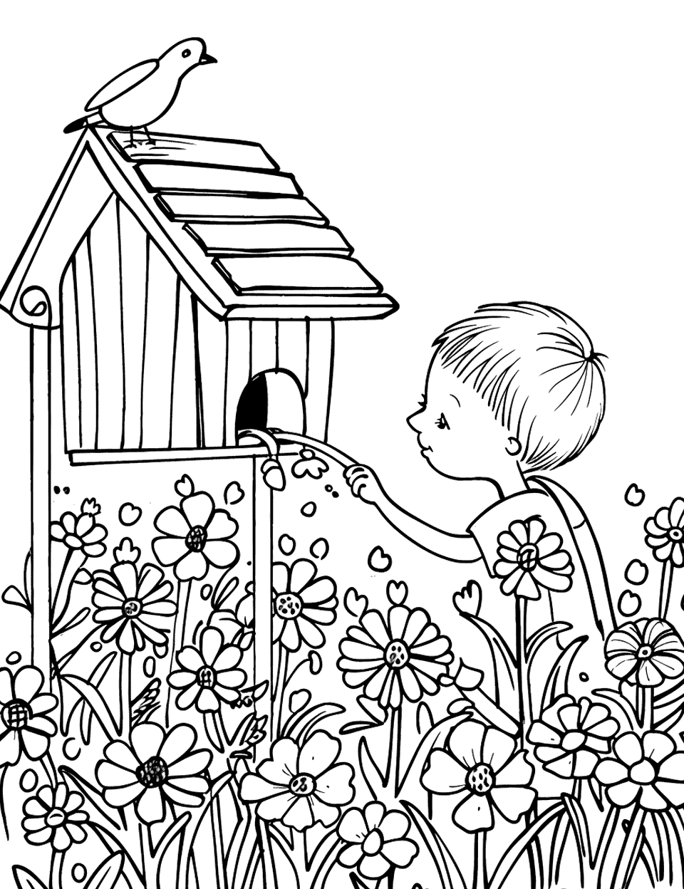 Building a Birdhouse Garden Coloring Page - A child building a birdhouse in a spring garden with blooming flowers.