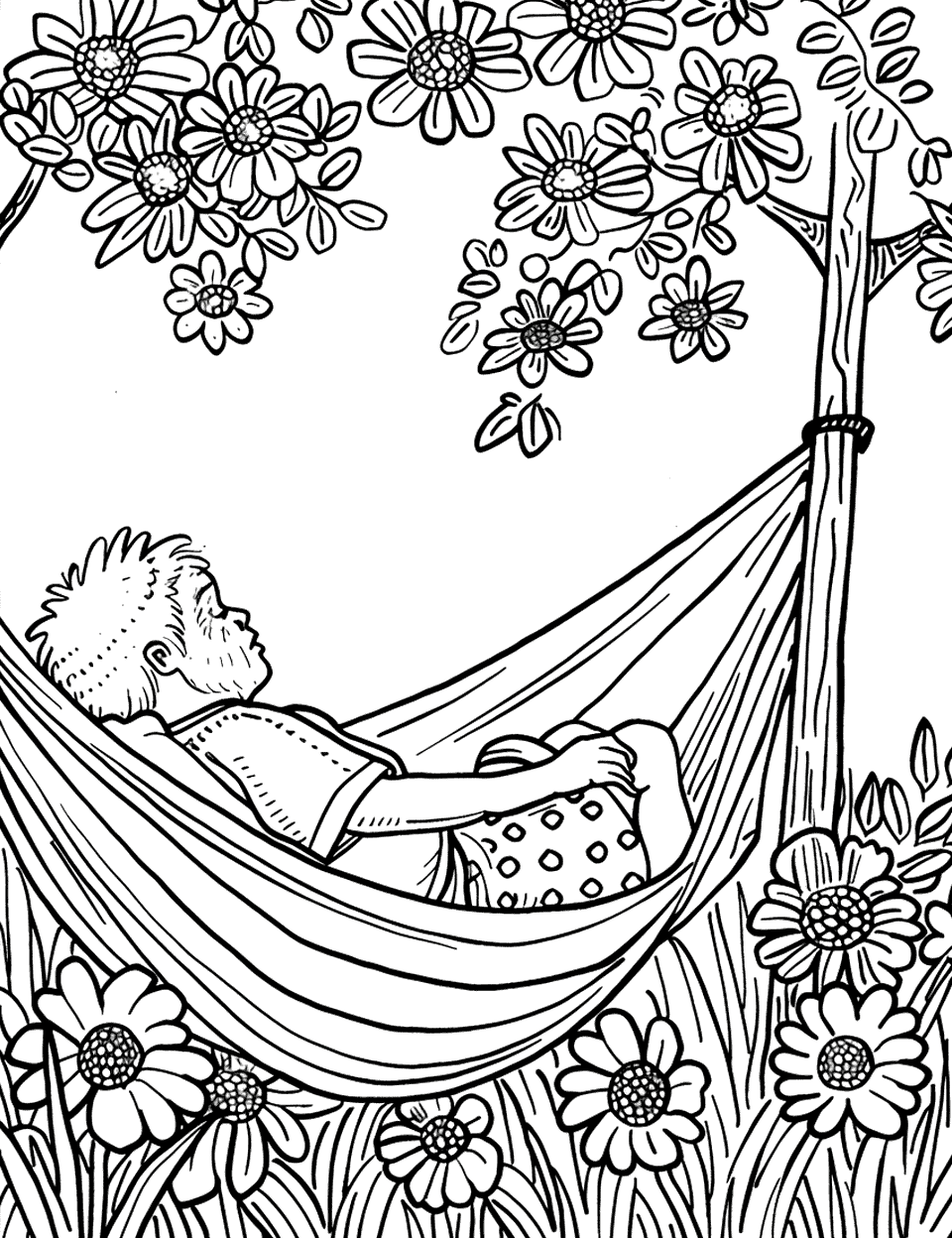 Relaxing in a Hammock Garden Coloring Page - An older person relaxing in a hammock strung between trees in a lush garden.