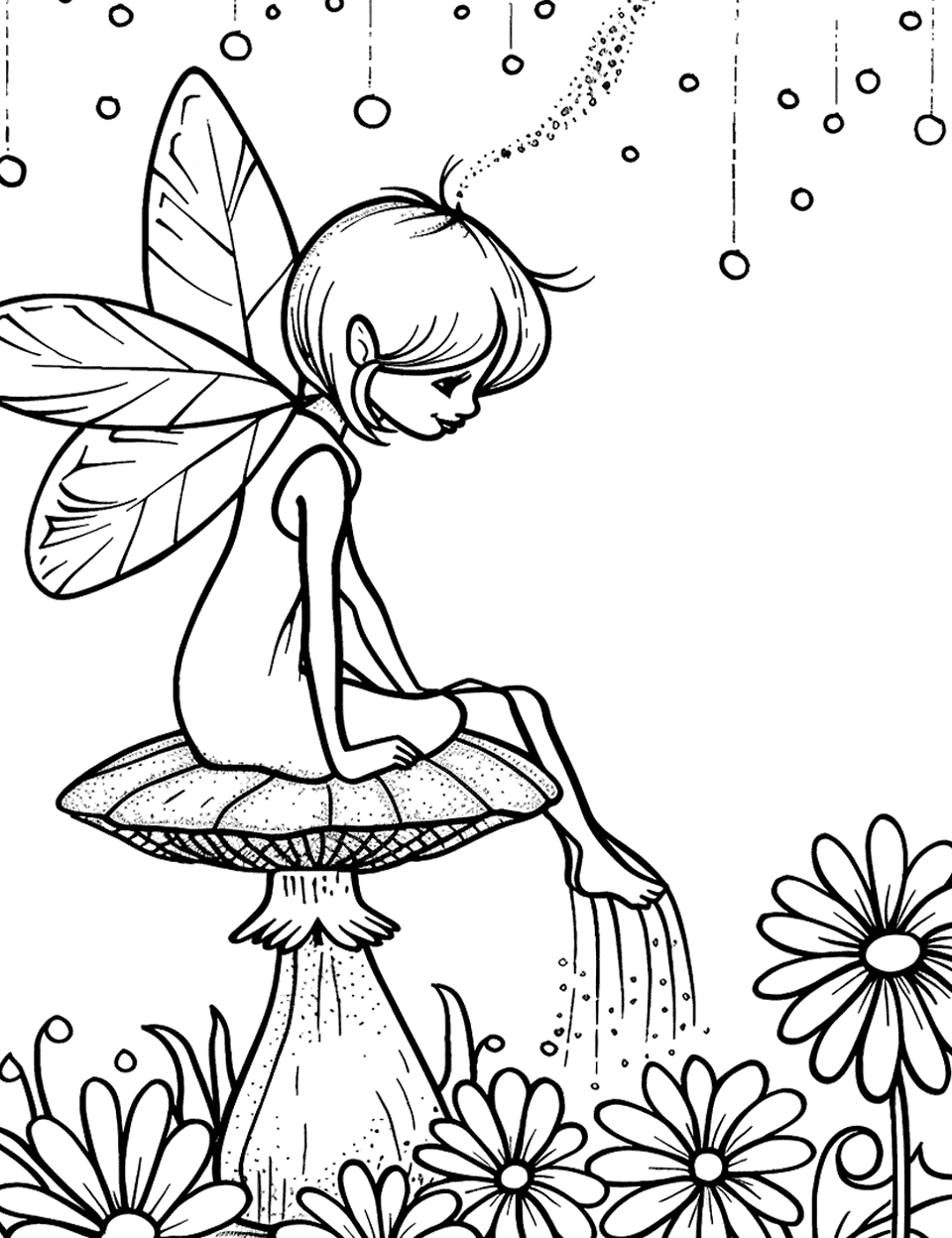 Fairy Sitting on a Mushroom Garden Coloring Page - A small fairy perched on a mushroom in a fairy garden, surrounded by twinkling lights.