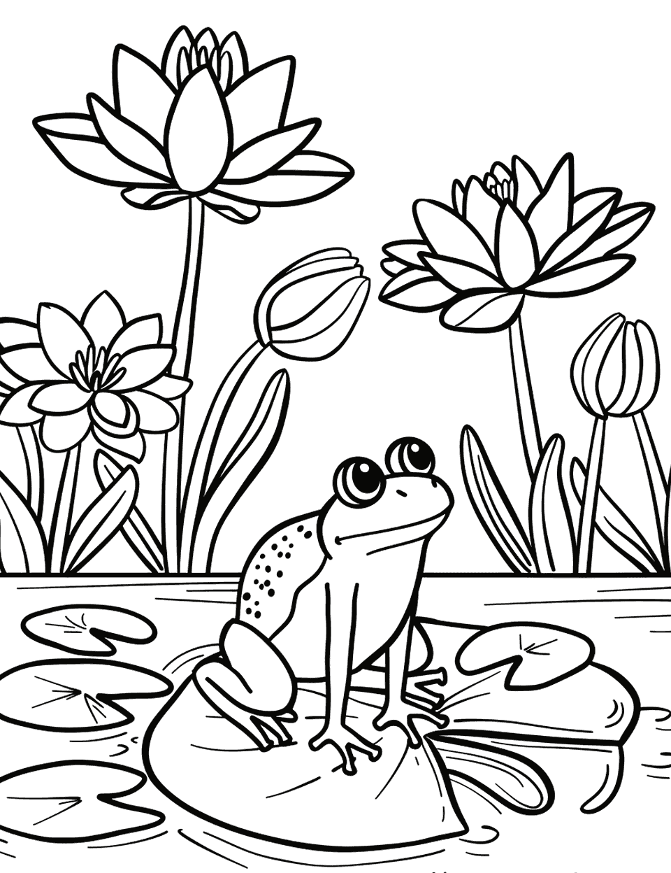 Frog on a Lily Pad Garden Coloring Page - A frog sitting on a lily pad in a small pond with water lilies around.