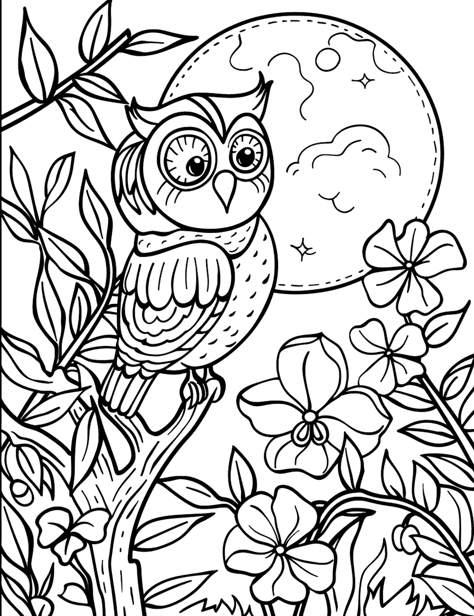 Owl in a Nighttime Garden Coloring Page - An owl perched on a tree branch in a moonlit garden.