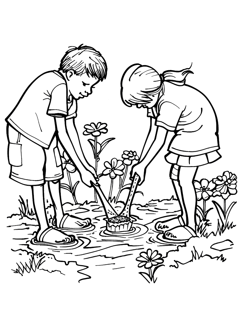 Making Mud Pies Garden Coloring Page - Children making mud pies in a muddy patch of their backyard garden.