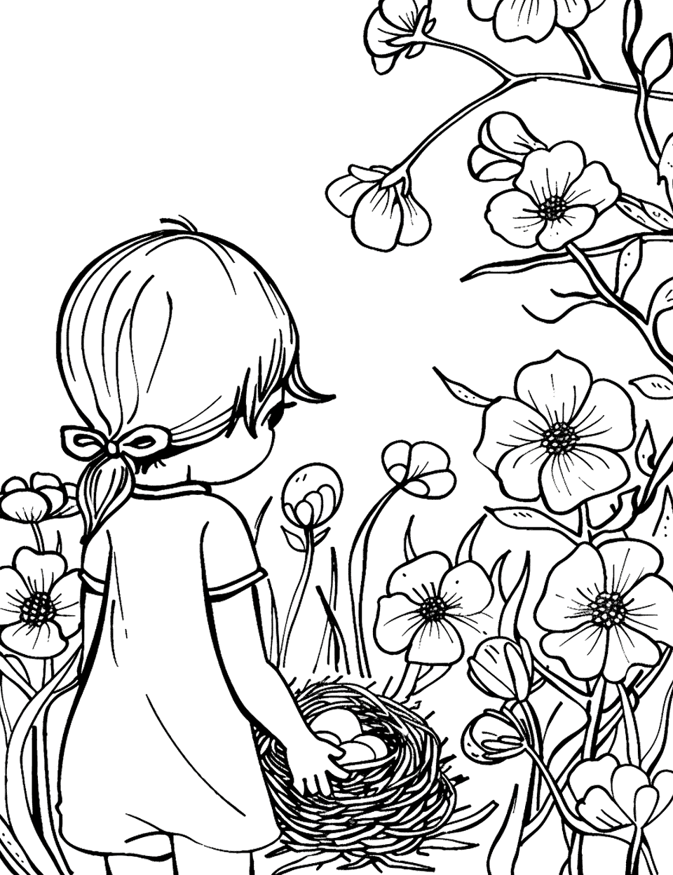 Discovering a Bird’s Nest Garden Coloring Page - A child discovers a bird’s nest in a flowering bush with eggs inside.