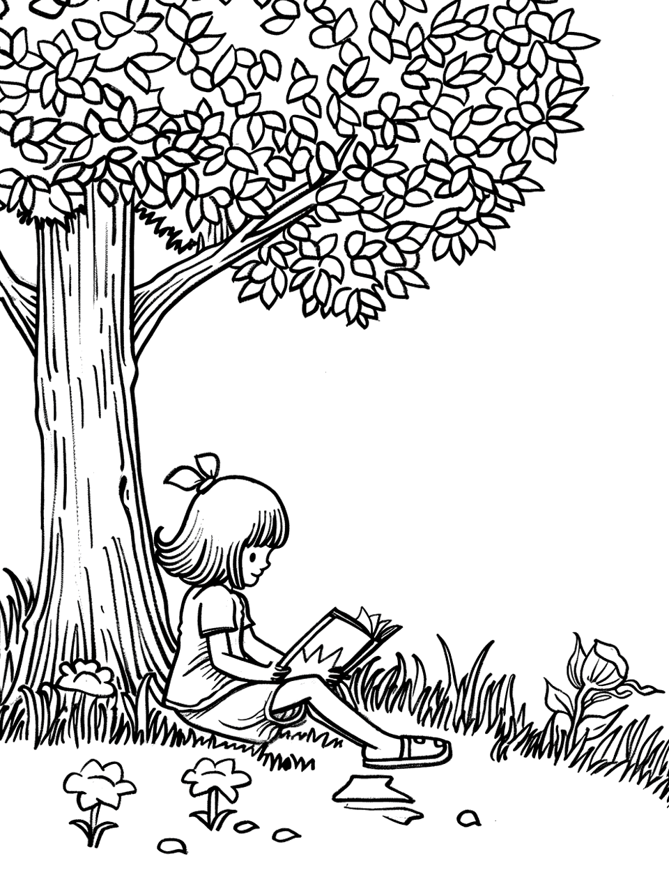 Reading Under a Tree Garden Coloring Page - A young girl reading a book under the shade of a large tree in a serene garden.