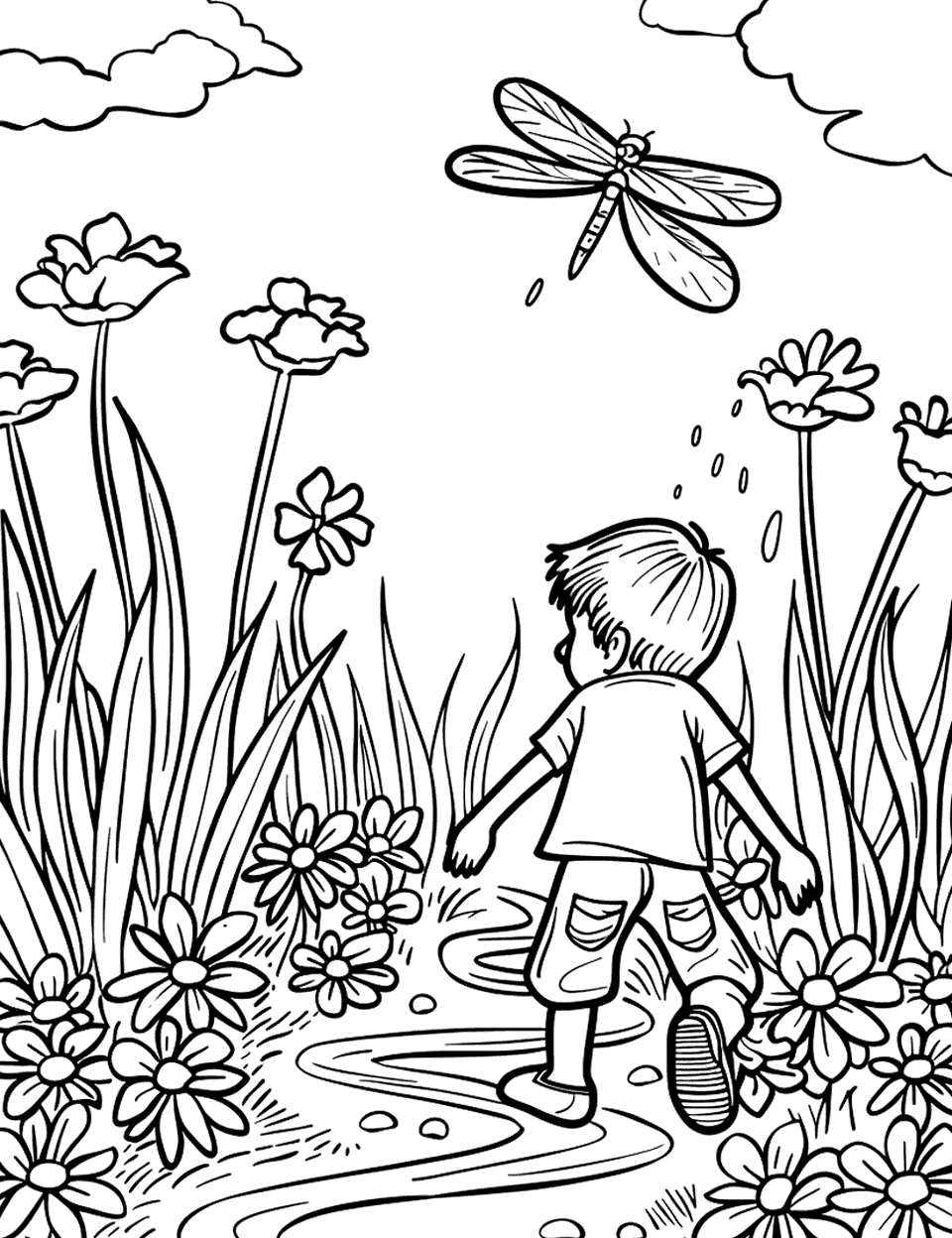 Chasing a Dragonfly Garden Coloring Page - A boy chasing a dragonfly across a garden with a small stream.