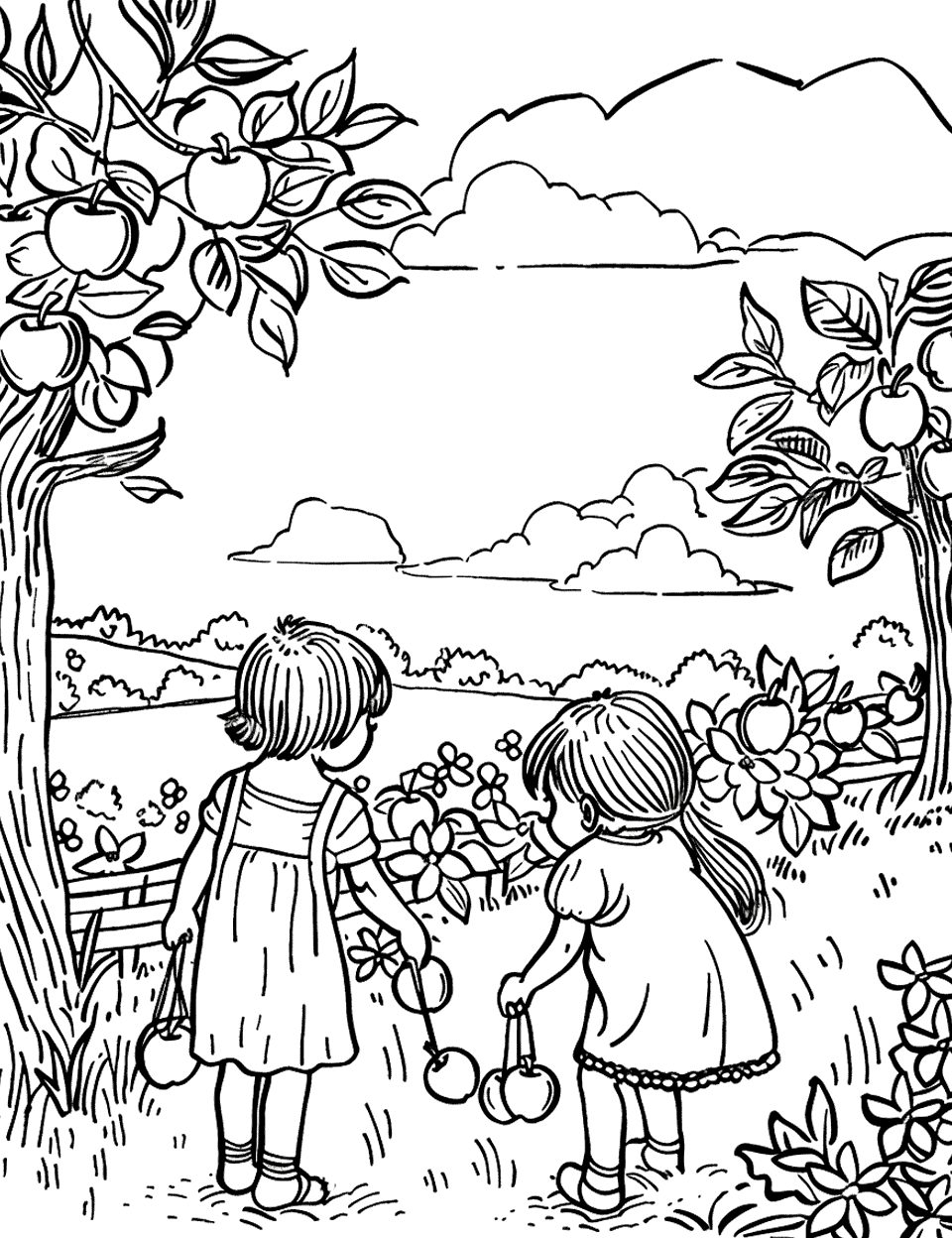 Picking Apples Garden Coloring Page - Children holding apples in an orchard in the countryside.