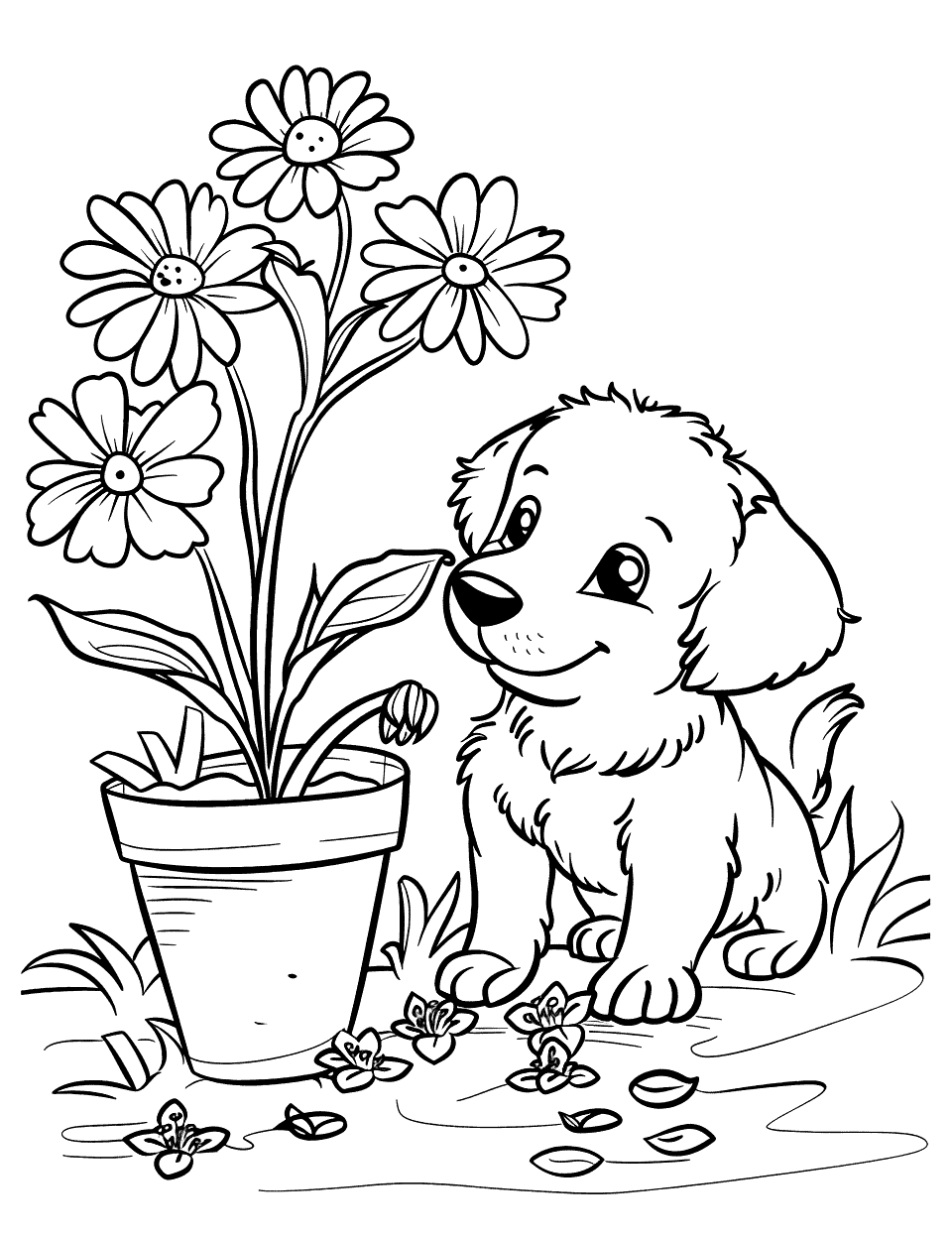 Puppy in a Playful Pose Garden Coloring Page - A puppy playfully looks curiously at a flower pot in the backyard.