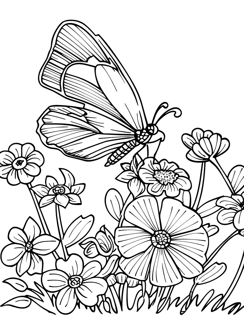 Butterfly Visiting Flowers Garden Coloring Page - A butterfly with large wings fluttering around a butterfly garden.