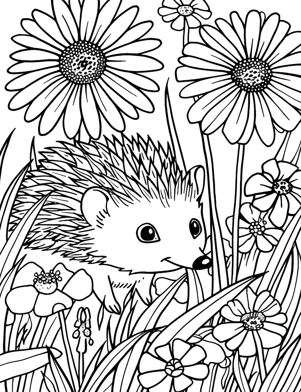 Hedgehog in the Grass Garden Coloring Page - A hedgehog wandering through a patch of grass looking for food in a country garden.