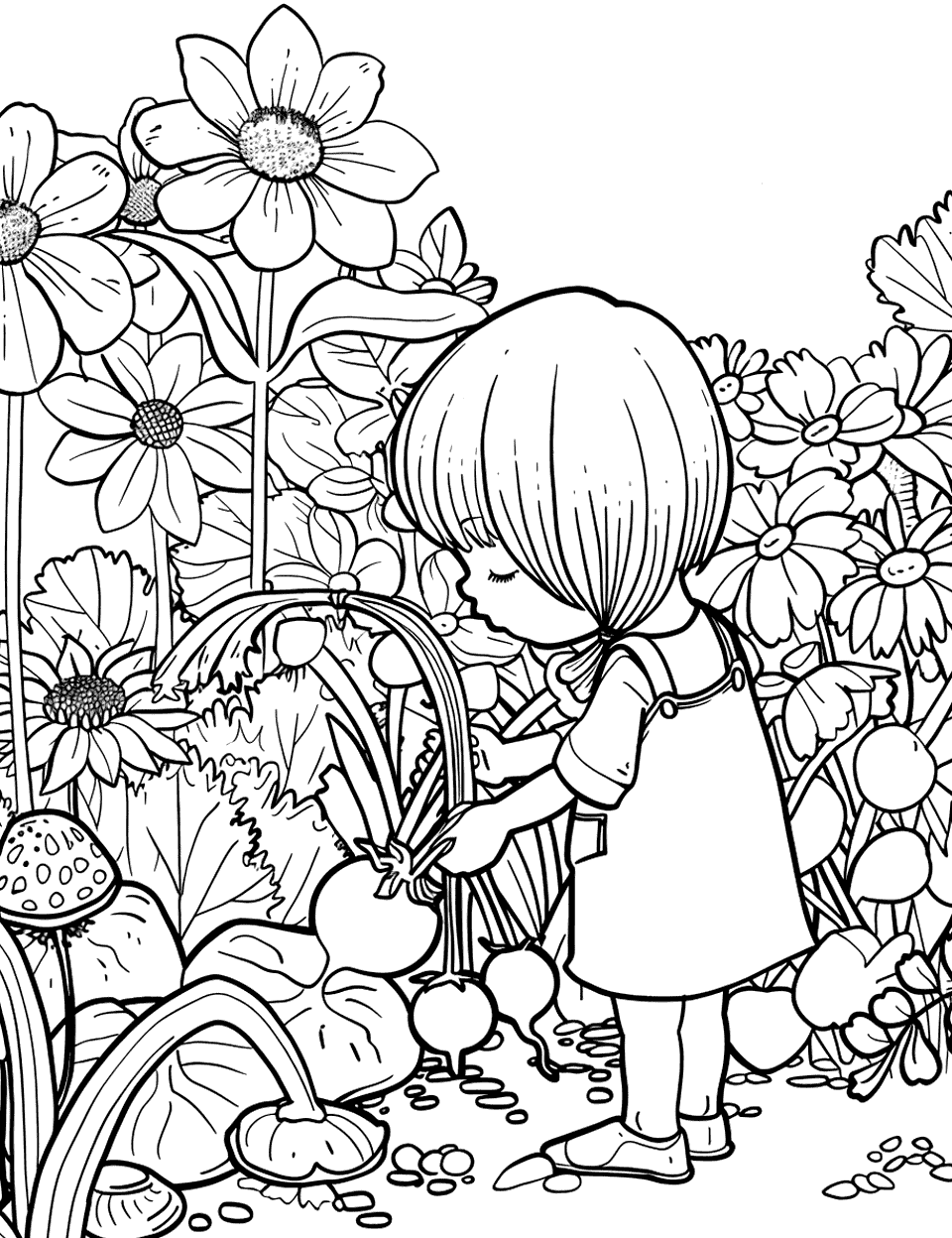 Picking Vegetables Garden Coloring Page - A child gathering fresh vegetables in a lush vegetable garden.