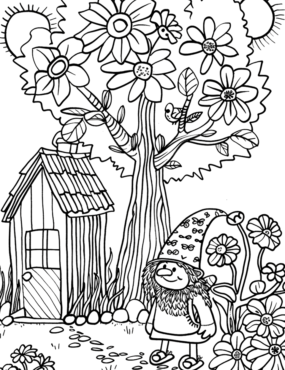 Gnome Home by a Tree Garden Coloring Page - A whimsical gnome standing beside his tiny house under a tree, with flowers around.