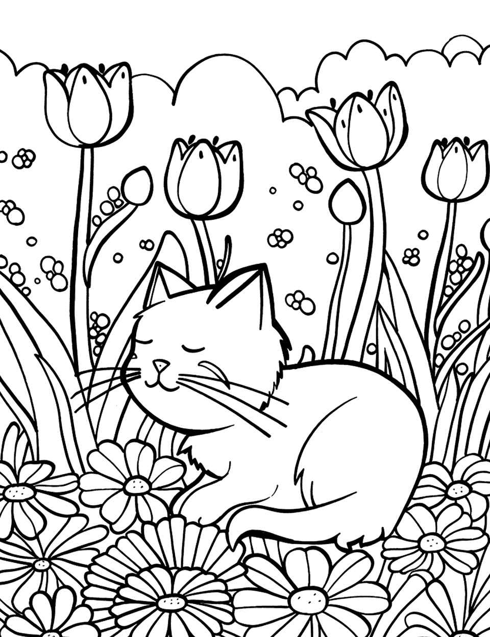 Cat in the Flower Garden Coloring Page - A fluffy cat lounging among the tulips and daisies in a beautiful flower garden.