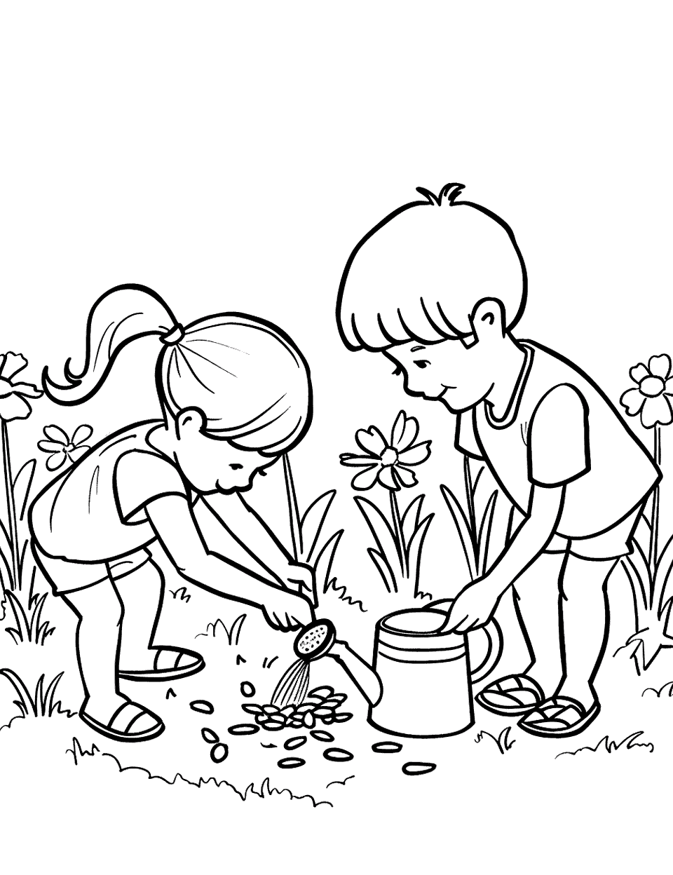 Children Planting Seeds Garden Coloring Page - Two children planting seeds in their backyard garden, with a watering can.