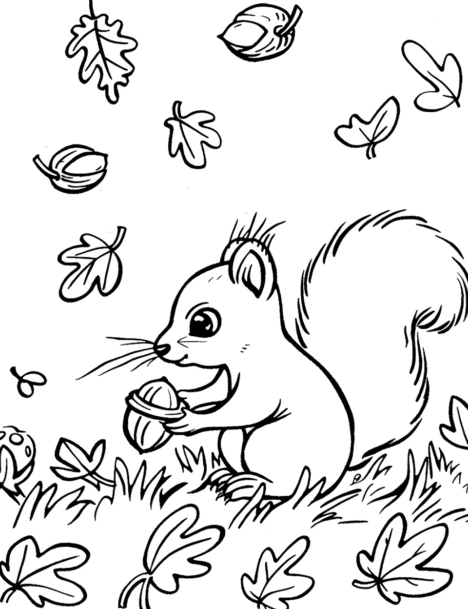 Squirrel Collecting Acorns Garden Coloring Page - A squirrel gathering acorns in a fall-themed garden with fallen leaves.